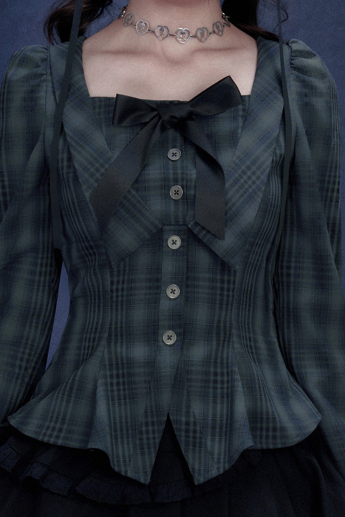 Blue Black Plaid Square Neck Shirt