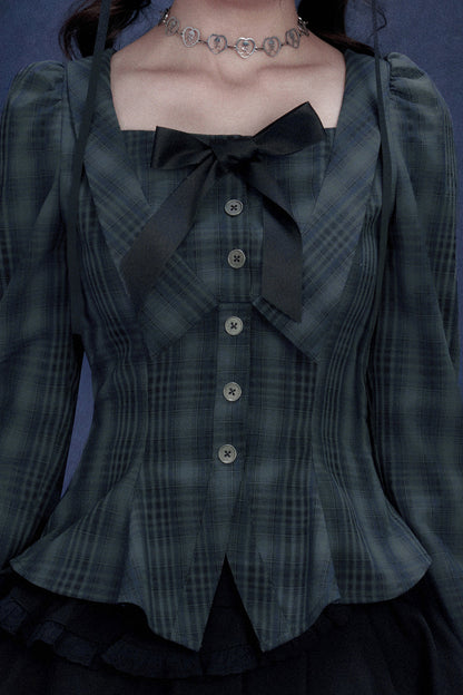 Blue Black Plaid Square Neck Shirt