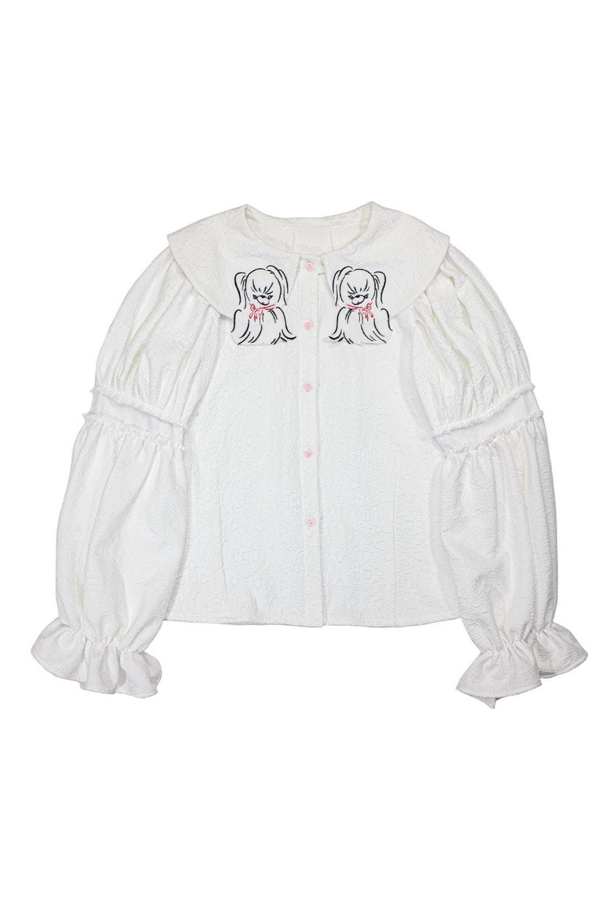 Dog Embroidered Plaid Puff Sleeve Shirt