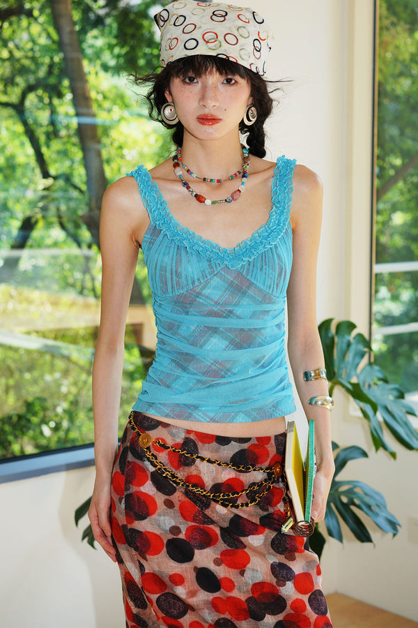 Mesh Plaid Pleated Vest