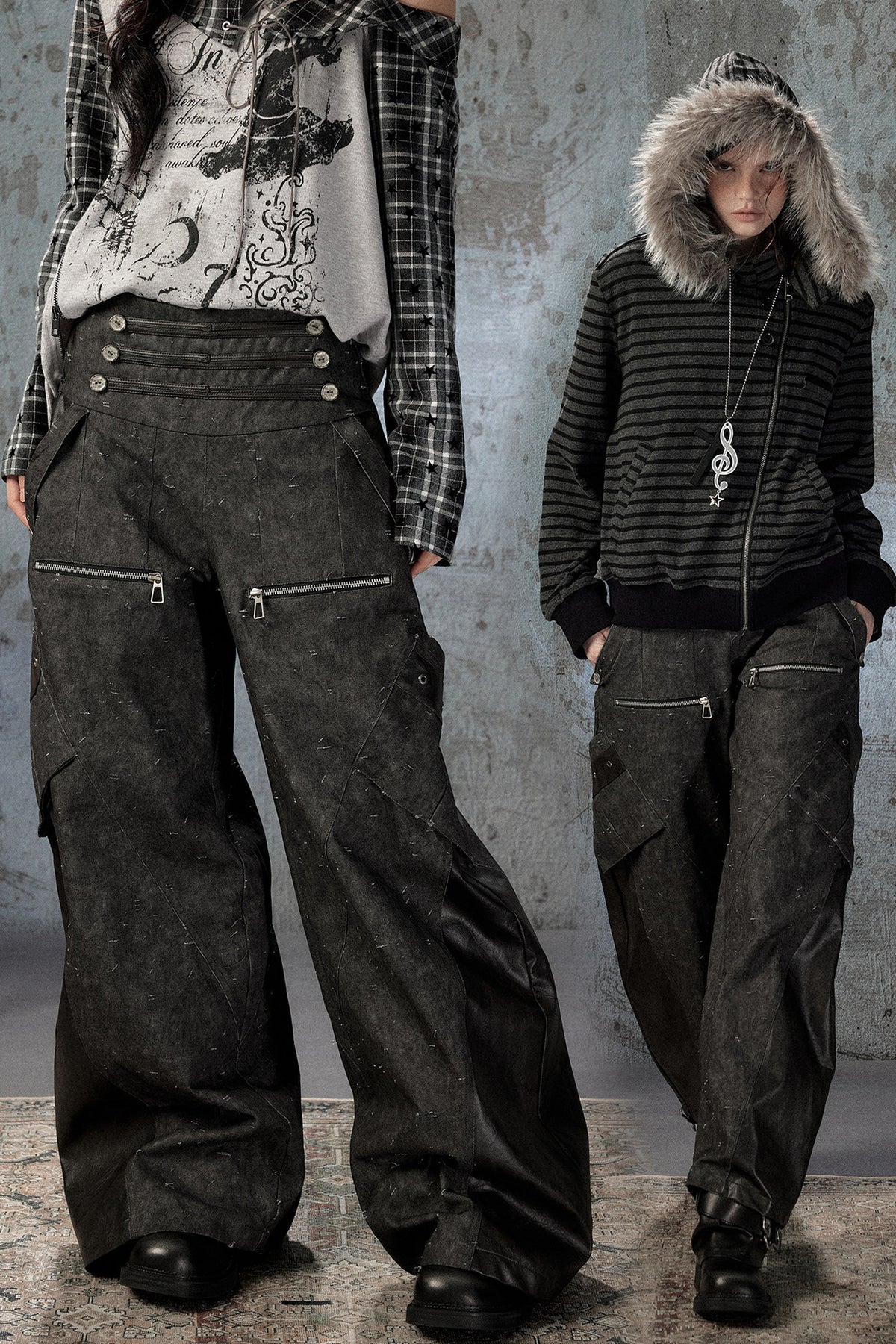 Black Patchwork Ripped High-Waisted Cargo Pants