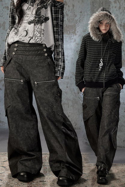 Black Patchwork Ripped High-Waisted Cargo Pants