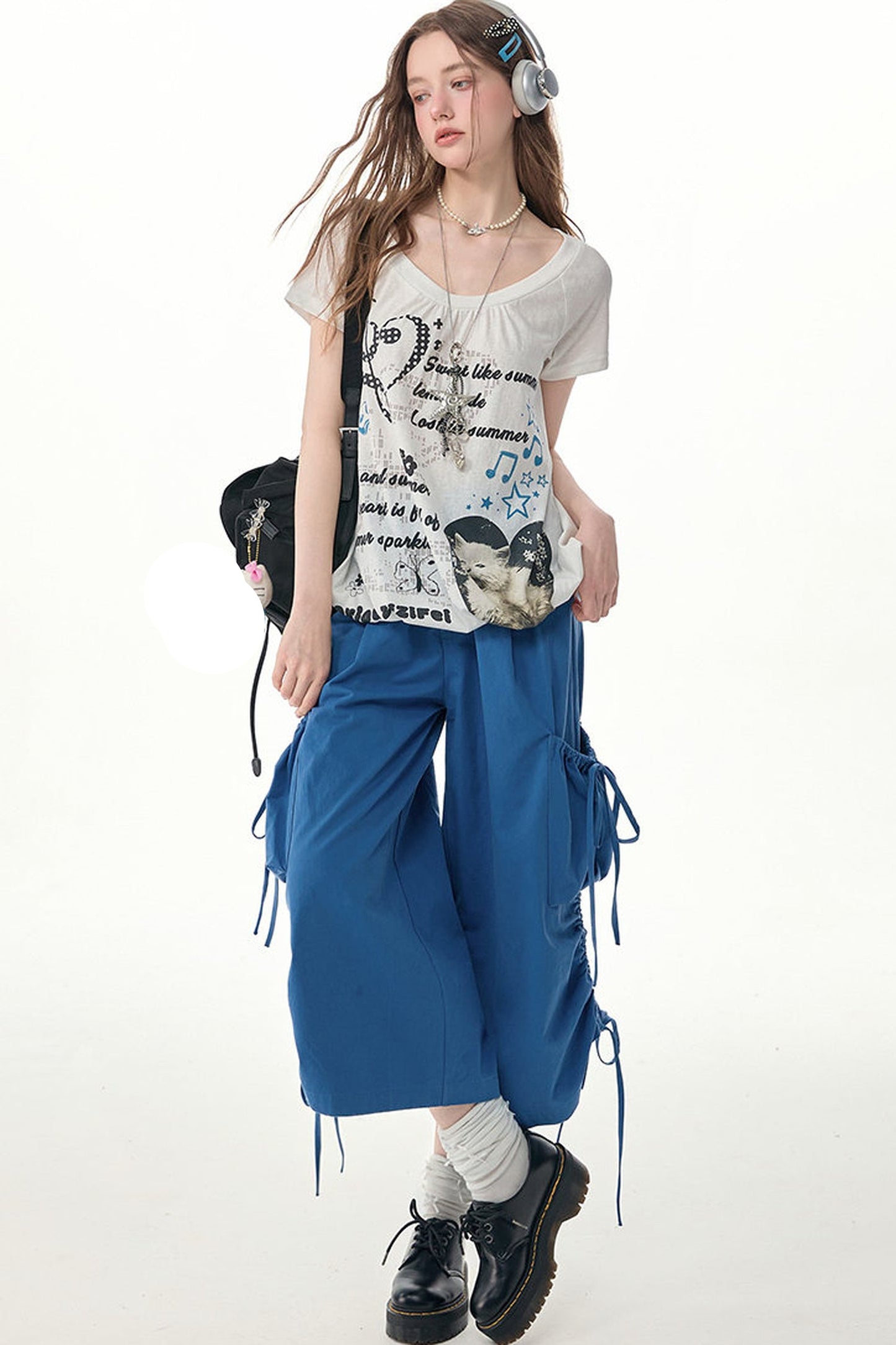 Blaue Ballon-Cargohose mit Kordelzug und weitem Bein
