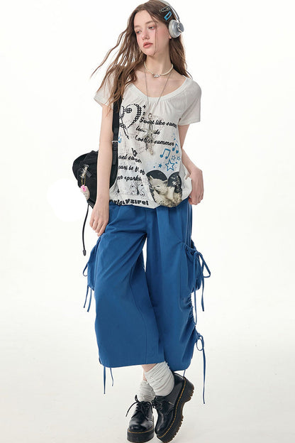 Blaue Ballon-Cargohose mit Kordelzug und weitem Bein