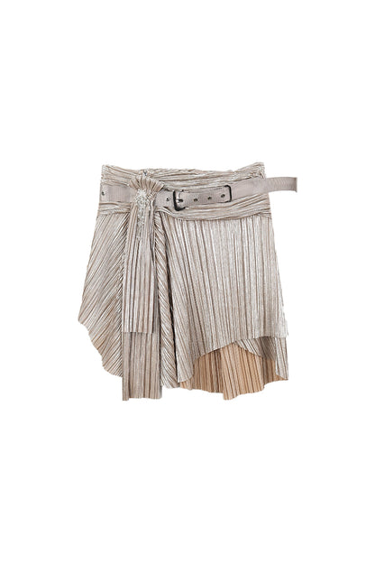 Pleated Metallic Asymmetrical Rhinestone Belted Skirt