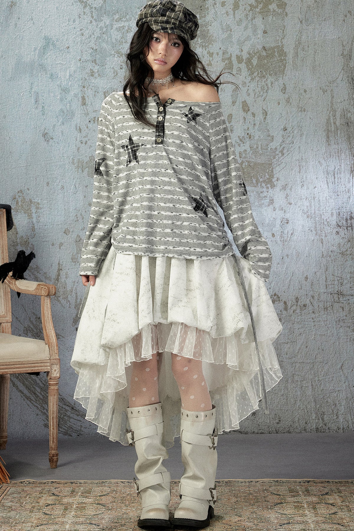 Striped Off-Shoulder Long-Sleeve T-Shirt