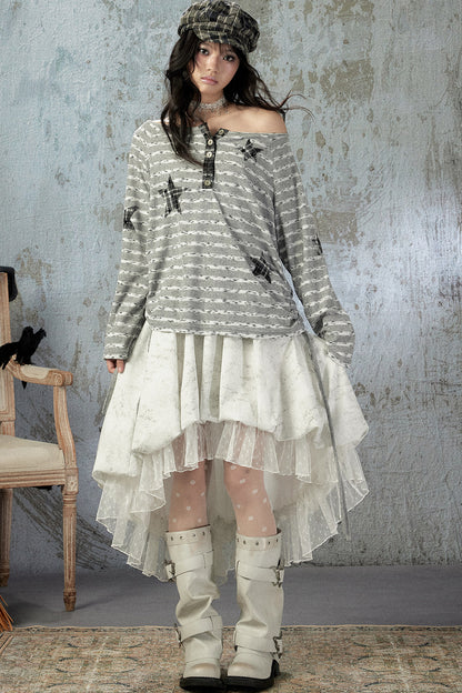 Striped Off-Shoulder Long-Sleeve T-Shirt