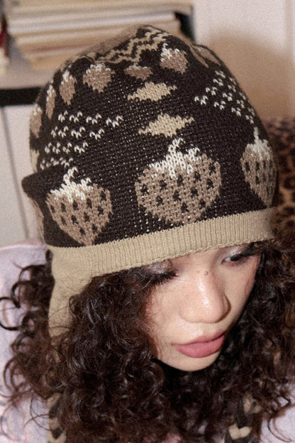 Strawberry Knitted Ear Flap Hat With Tassels