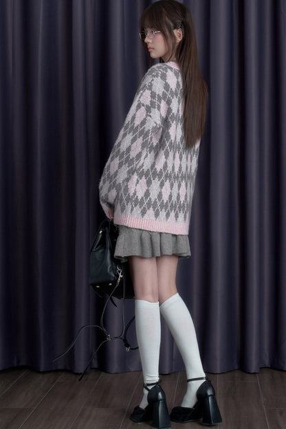 Ensemble cardigan en maille argyle rose et jupe