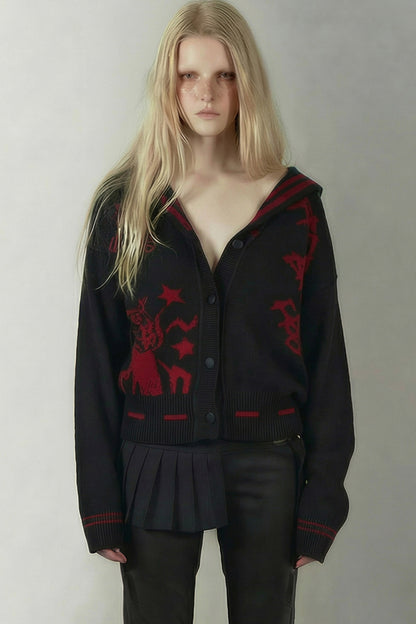 Red Pattern Sailor Hood Cardigan