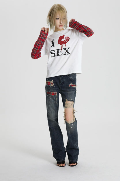 Red Checkered Patchwork Long Sleeve T-Shirt