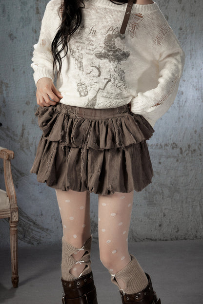Brown Bud Waist Pleated Skirt