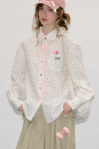 Lace-Up Doll Collar Floral Shirt
