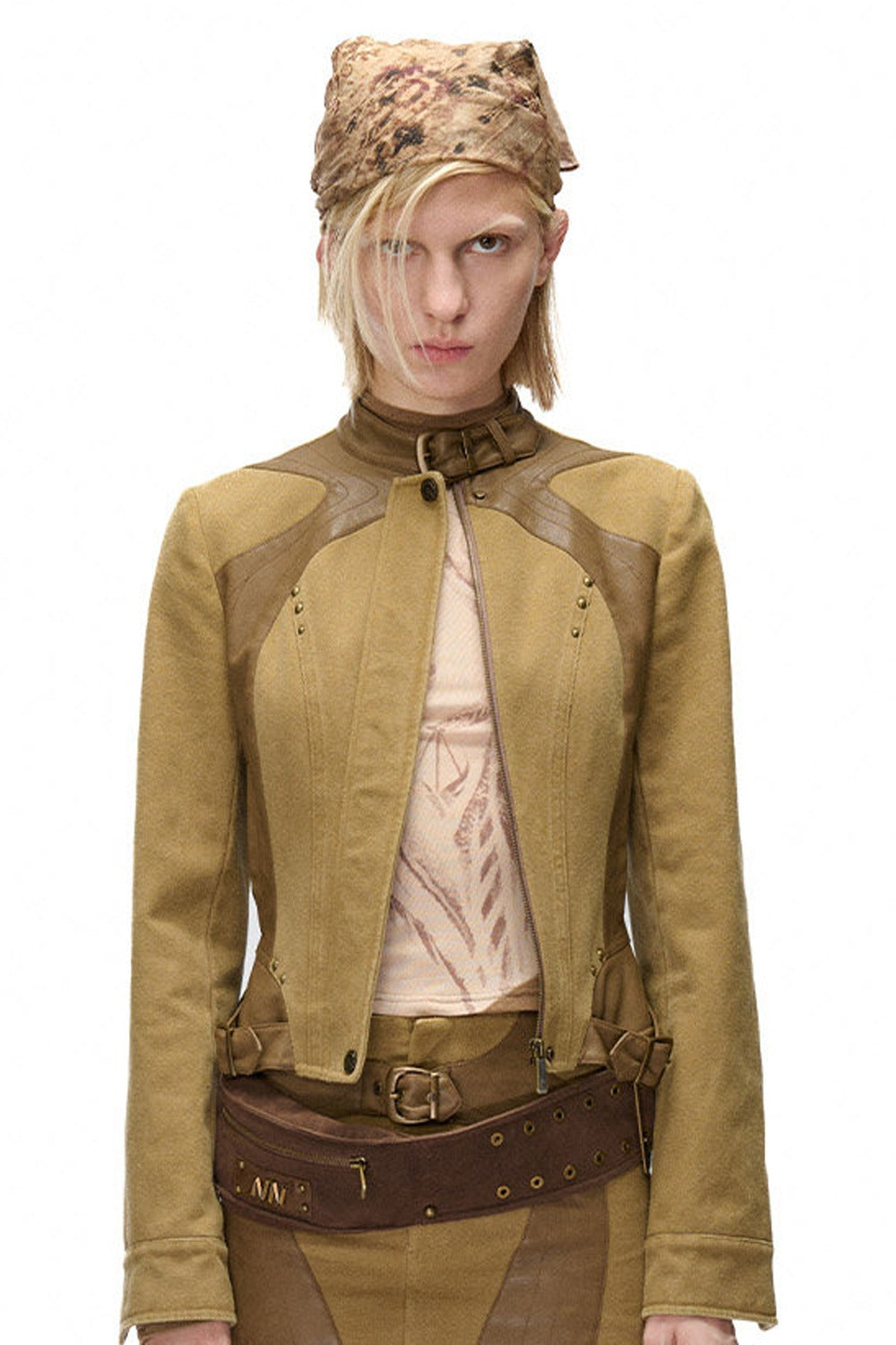 Storm Rider Washed Khaki PU Patchwork Jacket