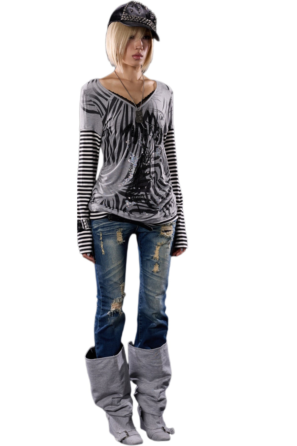 Zebra Print Layered-Look Long Sleeve T-Shirt