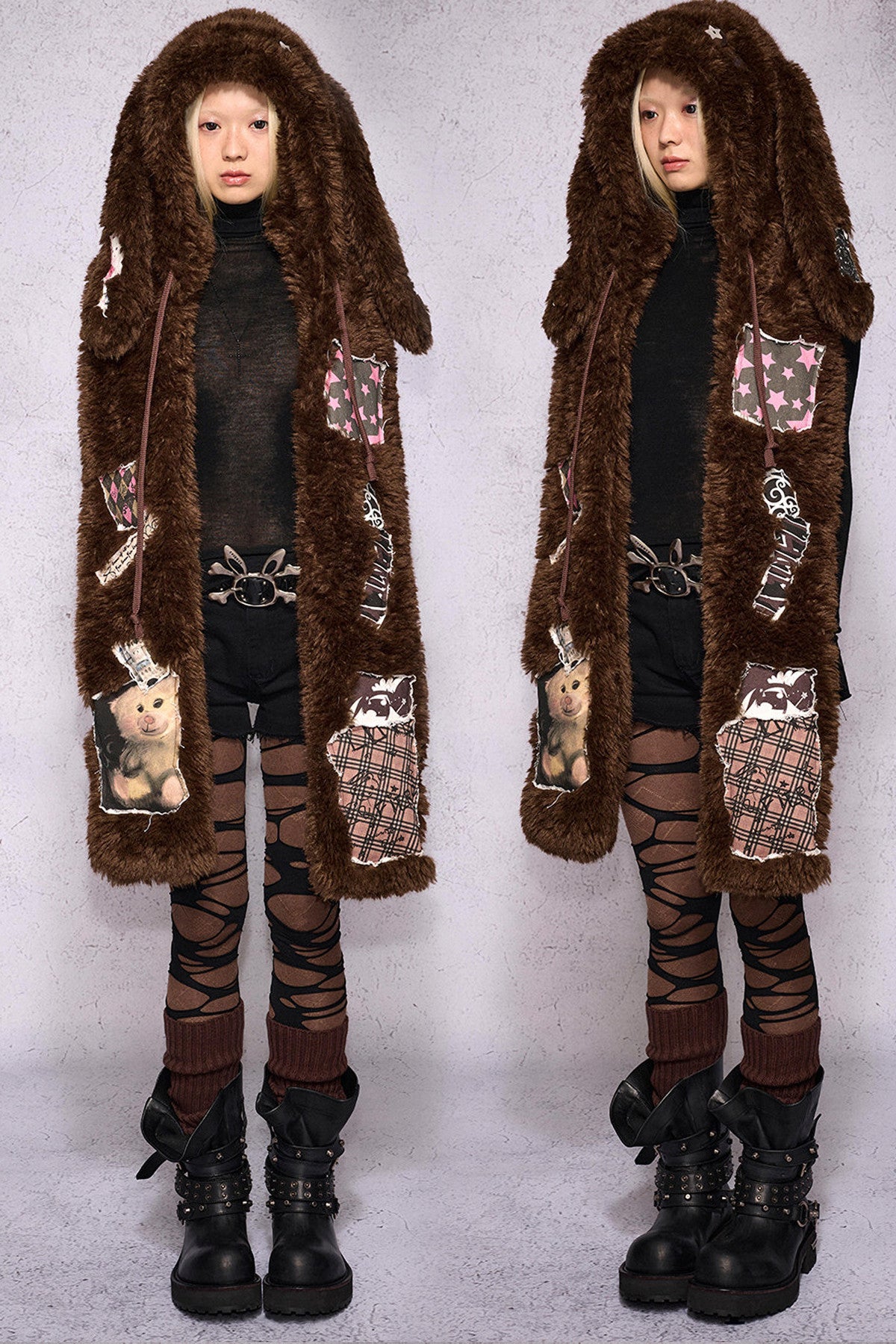 Brown Patchwork Lop-Eared Rabbit Hooded Scarf