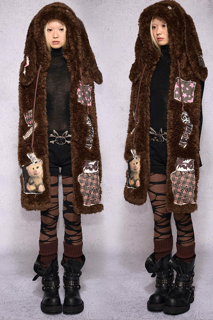 Brown Patchwork Lop-Eared Rabbit Hooded Scarf