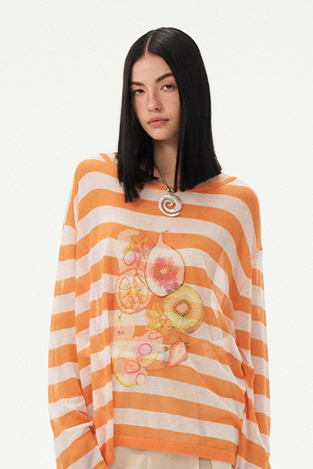 Gestreifte Bluse mit Fruchtprint und asymmetrischer Schulter