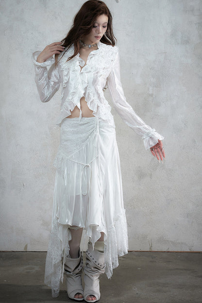 Ruffle Trim Tie Waist Long-Sleeved Blouse