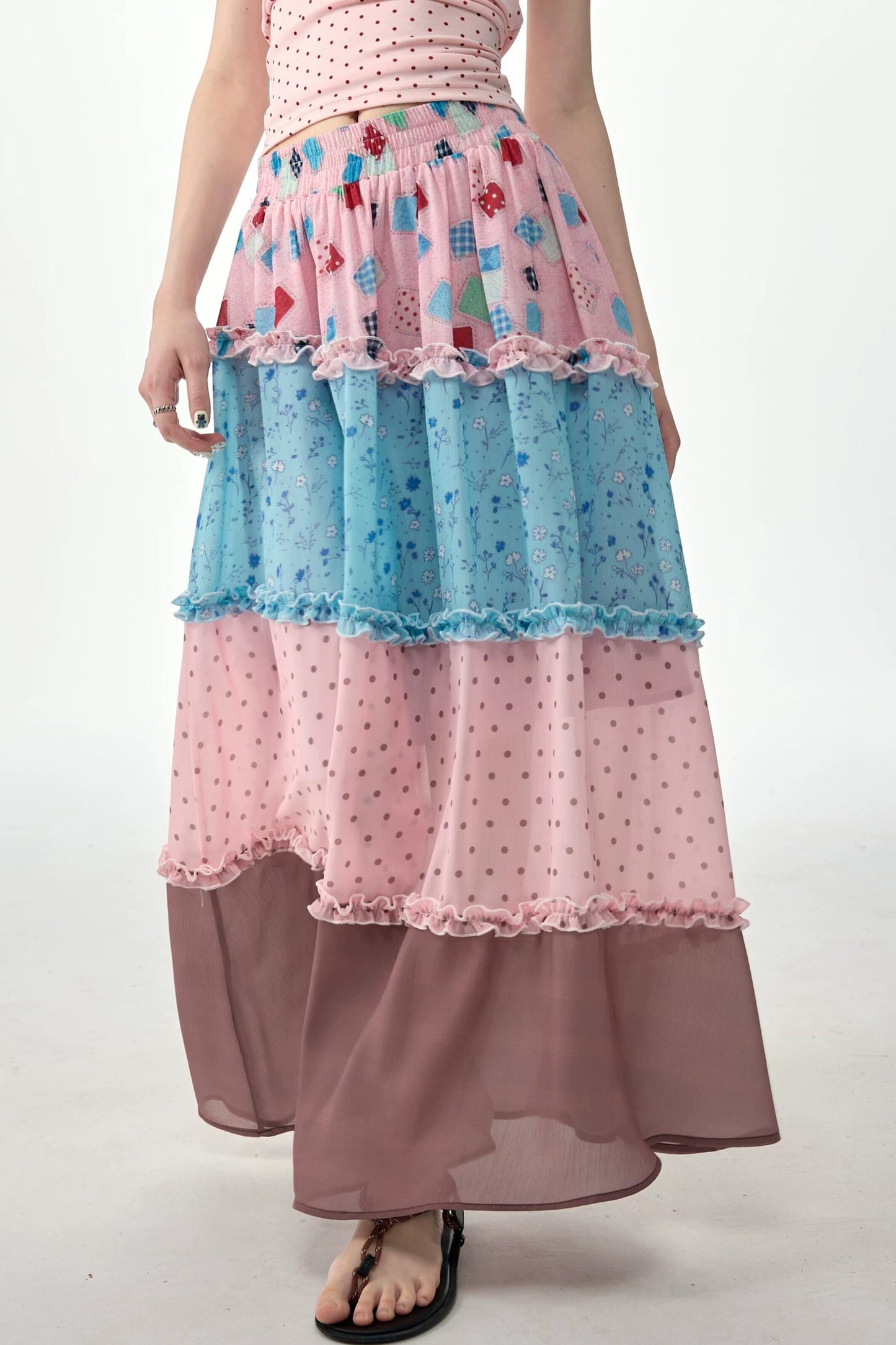 Pink Floral Polka Dot Tiered Maxi Skirt