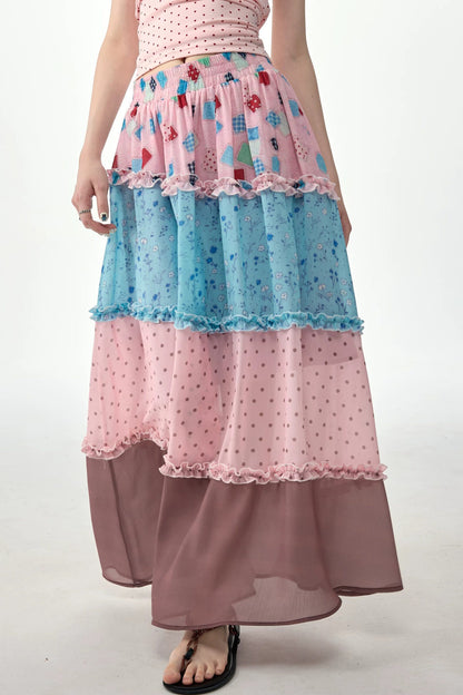 Pink Floral Polka Dot Tiered Maxi Skirt