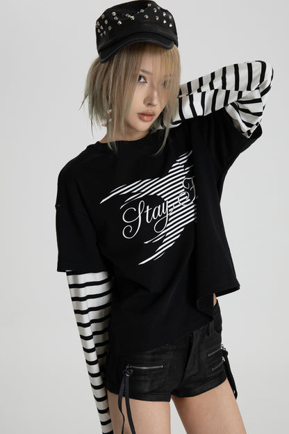 Black White Stripe Layered-Look T-Shirt