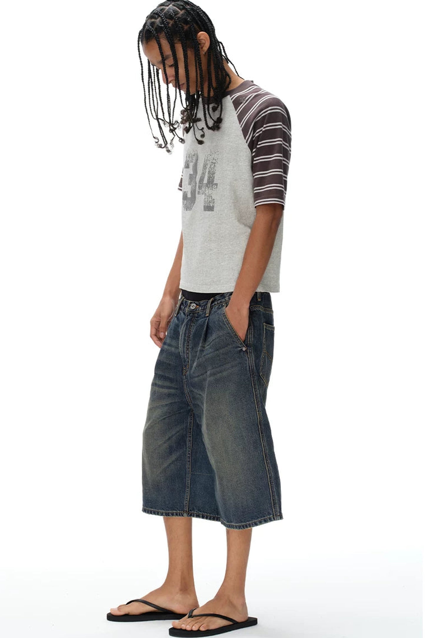Pleated Distressed Denim Shorts