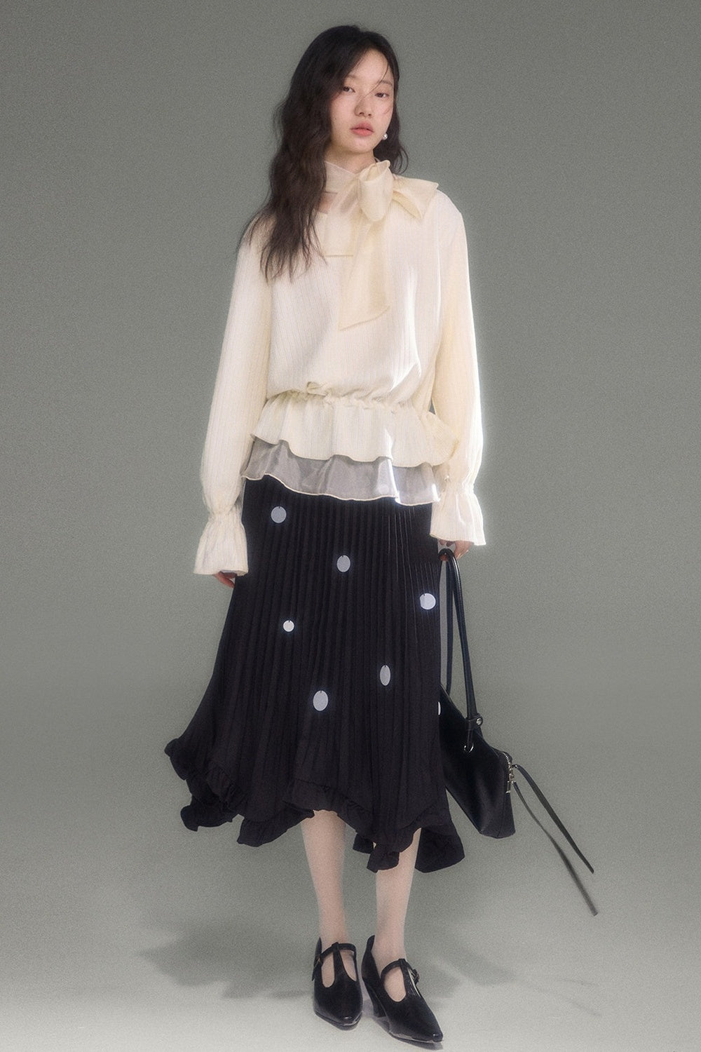 Moonlight Waterfall Long-Sleeve Ribbon Top and Skirt Set-Up
