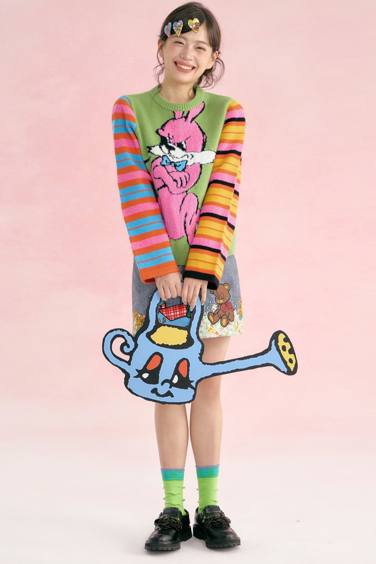 Colorful Asymmetrical Striped Heart Knit Sweater