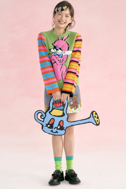 Colorful Asymmetrical Striped Heart Knit Sweater