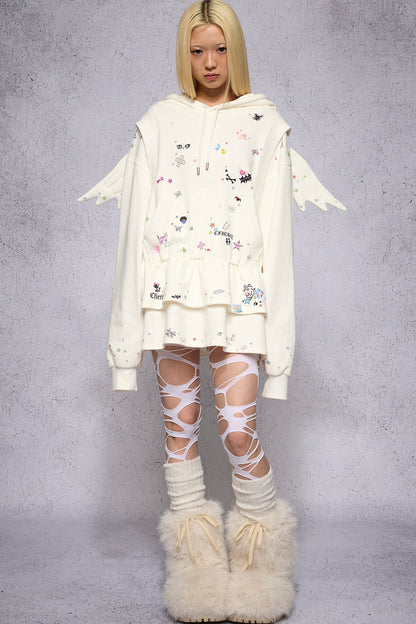 Kapuzenkleid mit Sticker-Print und Engelsflügeln