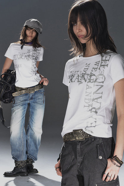 Silver Glitter Letter Print Short-Sleeve T-Shirt