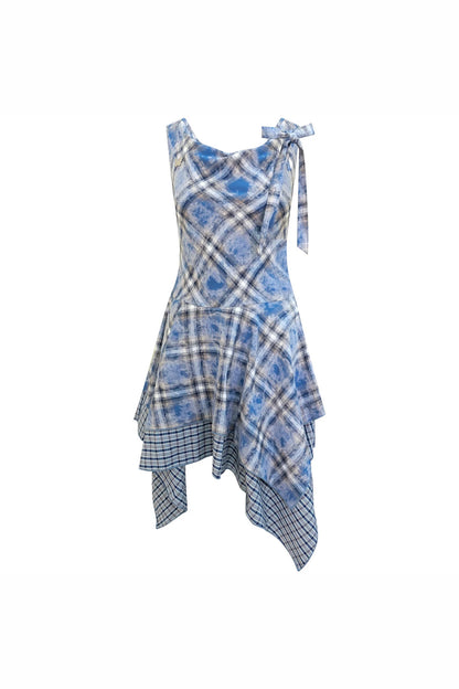 Irregular Blue Plaid Camisole Dress