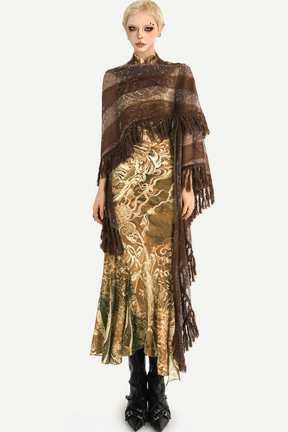 Long Brown Tassel Mesh Cardigan