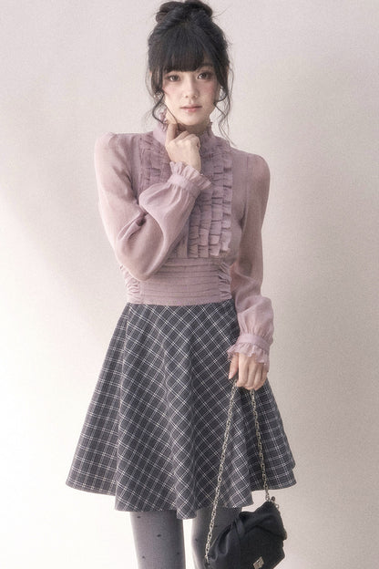 Gray-Purple Plaid Layered Pleated Stand-Collar Dress