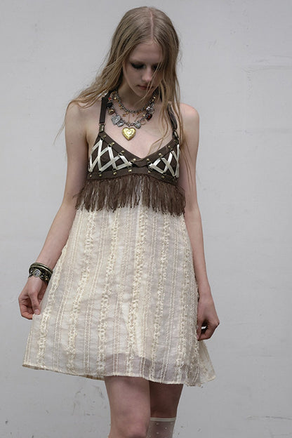 Fringe Leather Strap Camisole Dress