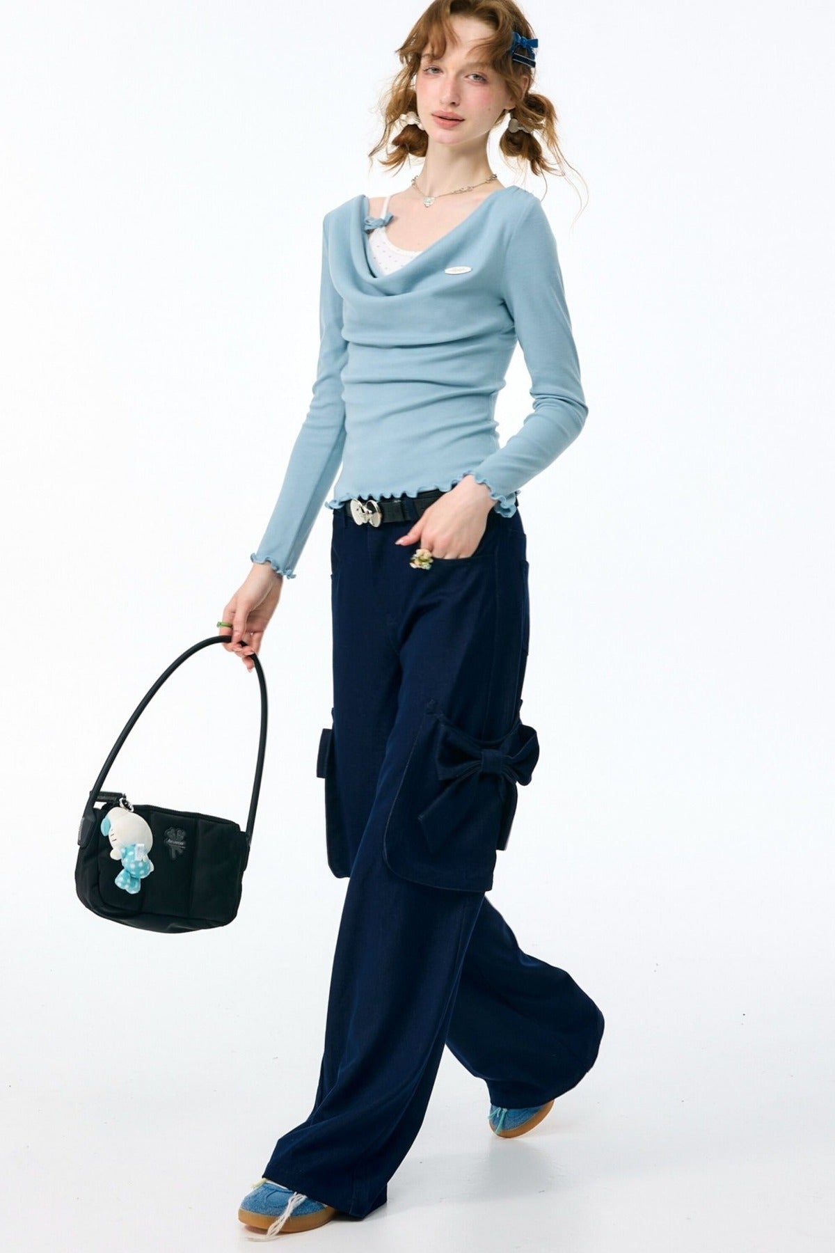 Blue Knit Flutter Collar Long Sleeve Top