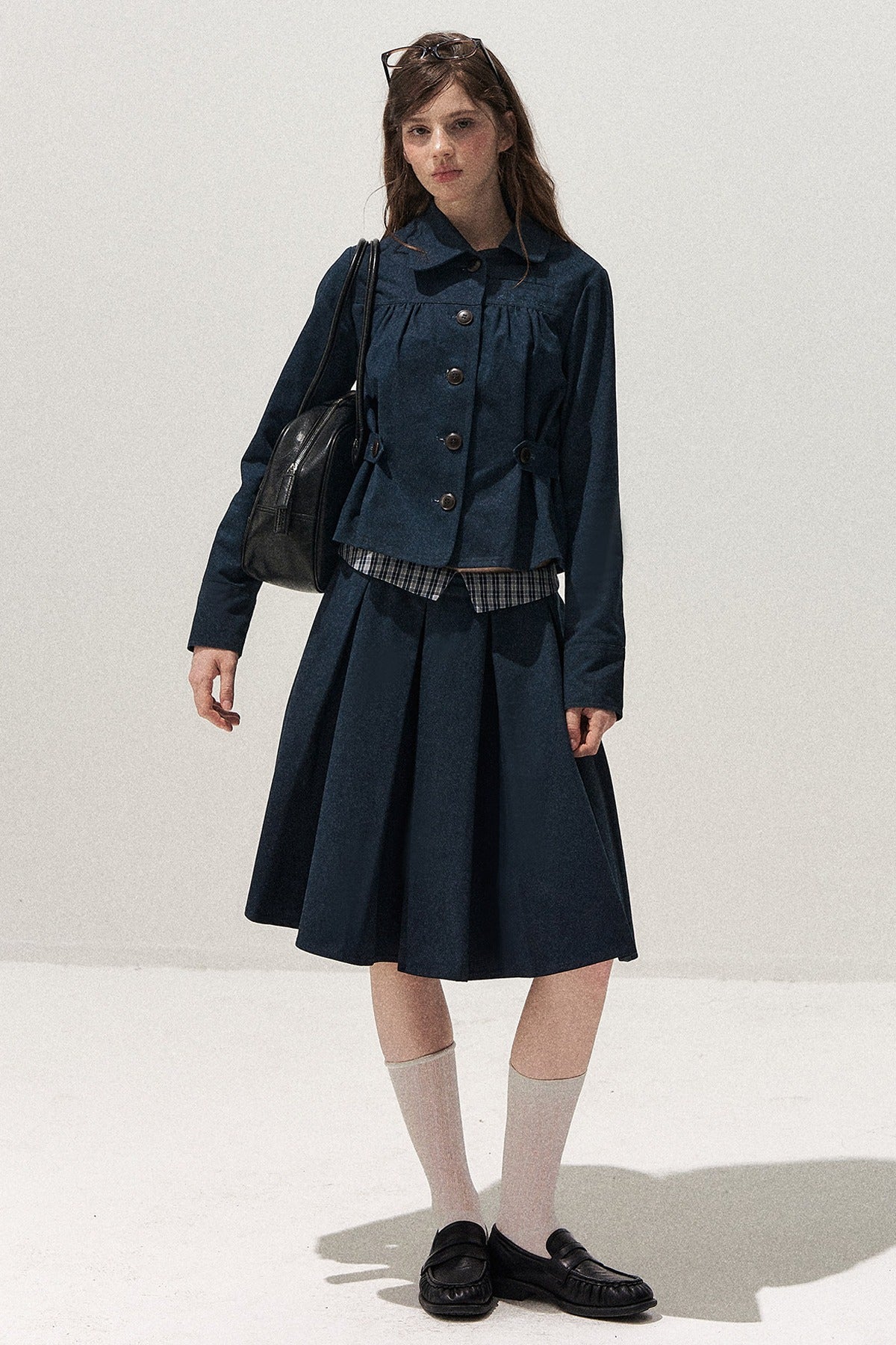 Navy Denim Jacket and Pleated Skirt Set-Up