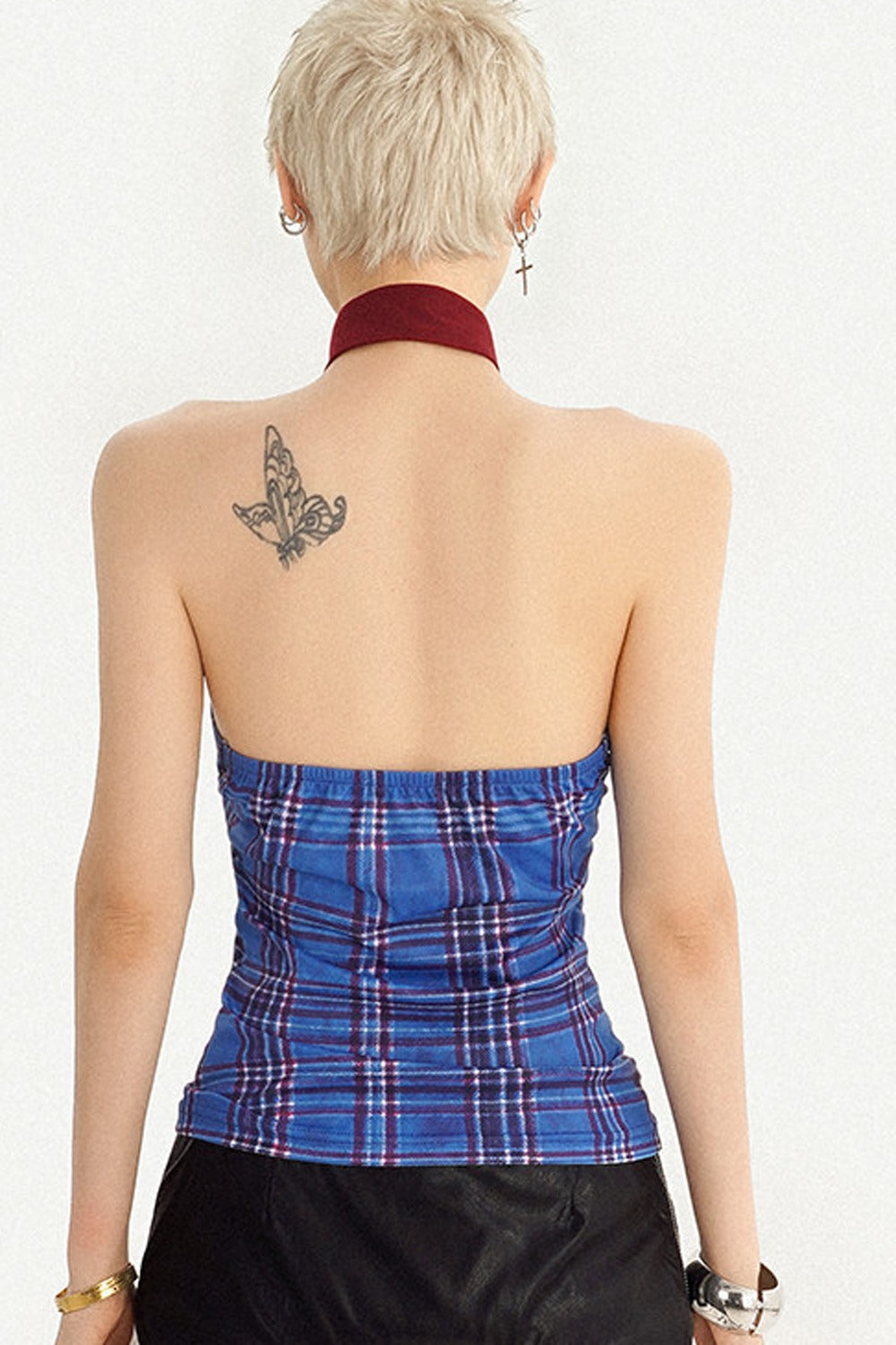 Punk-Karomuster-Colorblock-Neckholder-Oberteil