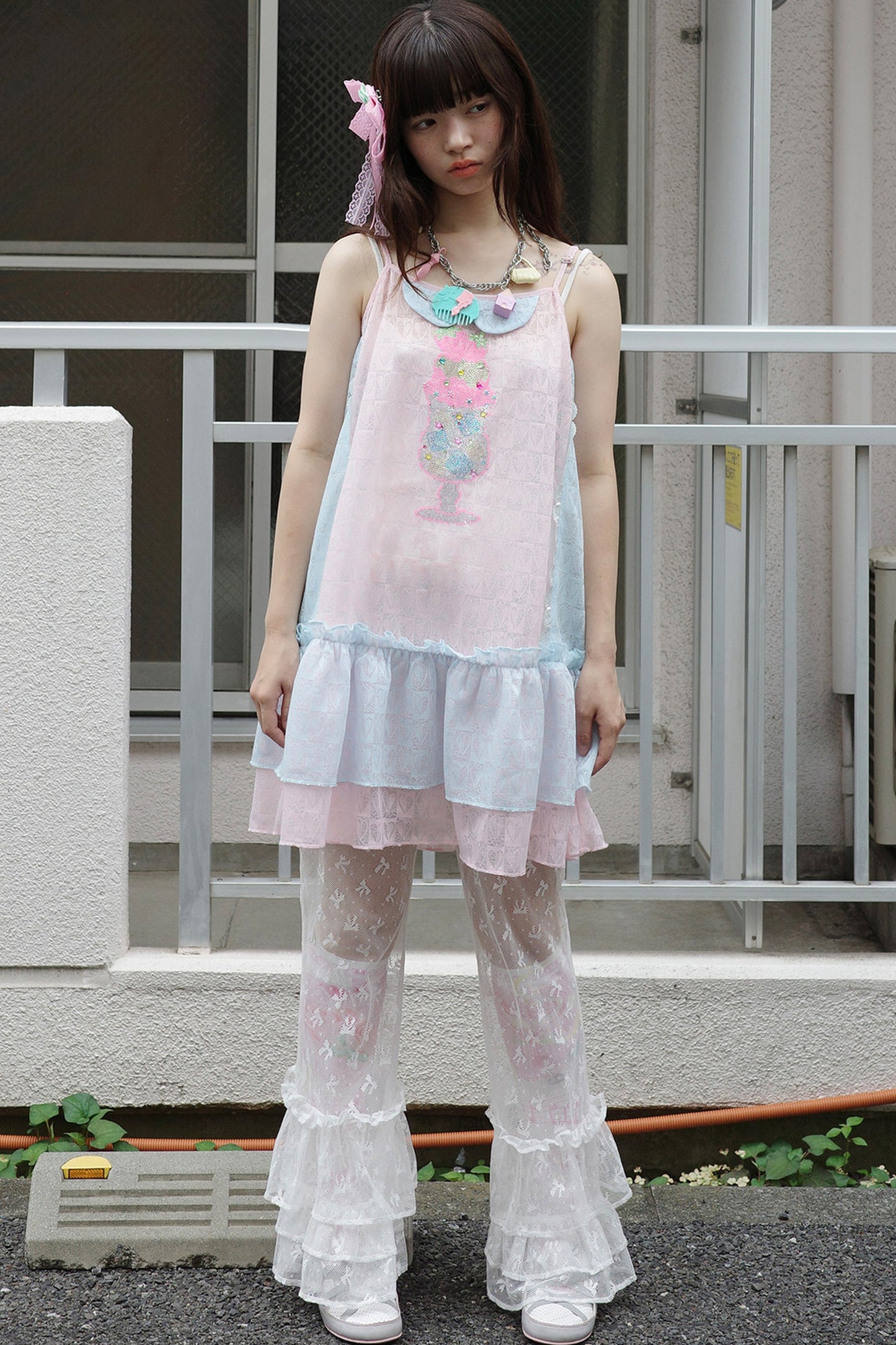 Pink Blue Patchwork Rhinestone Mesh Cami Dress
