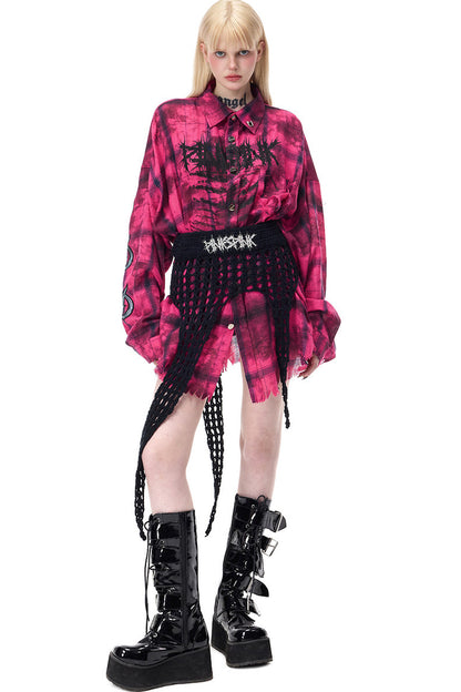 Distressed Pink Plaid Blouse