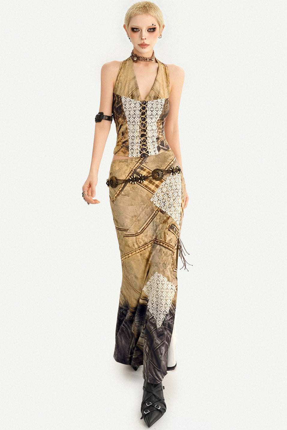 Distressed Patchwork Lace Halter Top