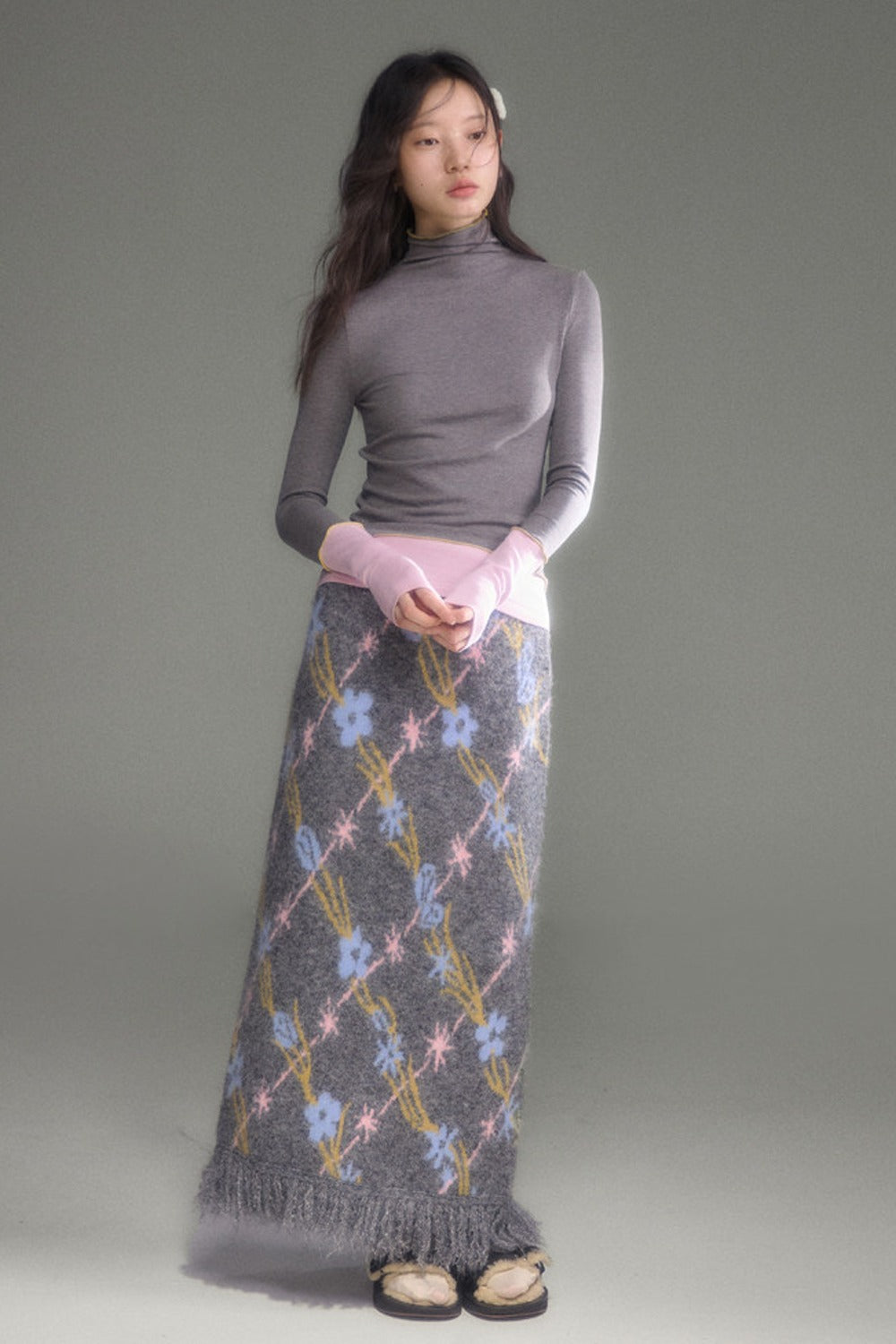 Ear-Shaped Wool-Blend Bird and Flower Jacquard Dress Set-Up