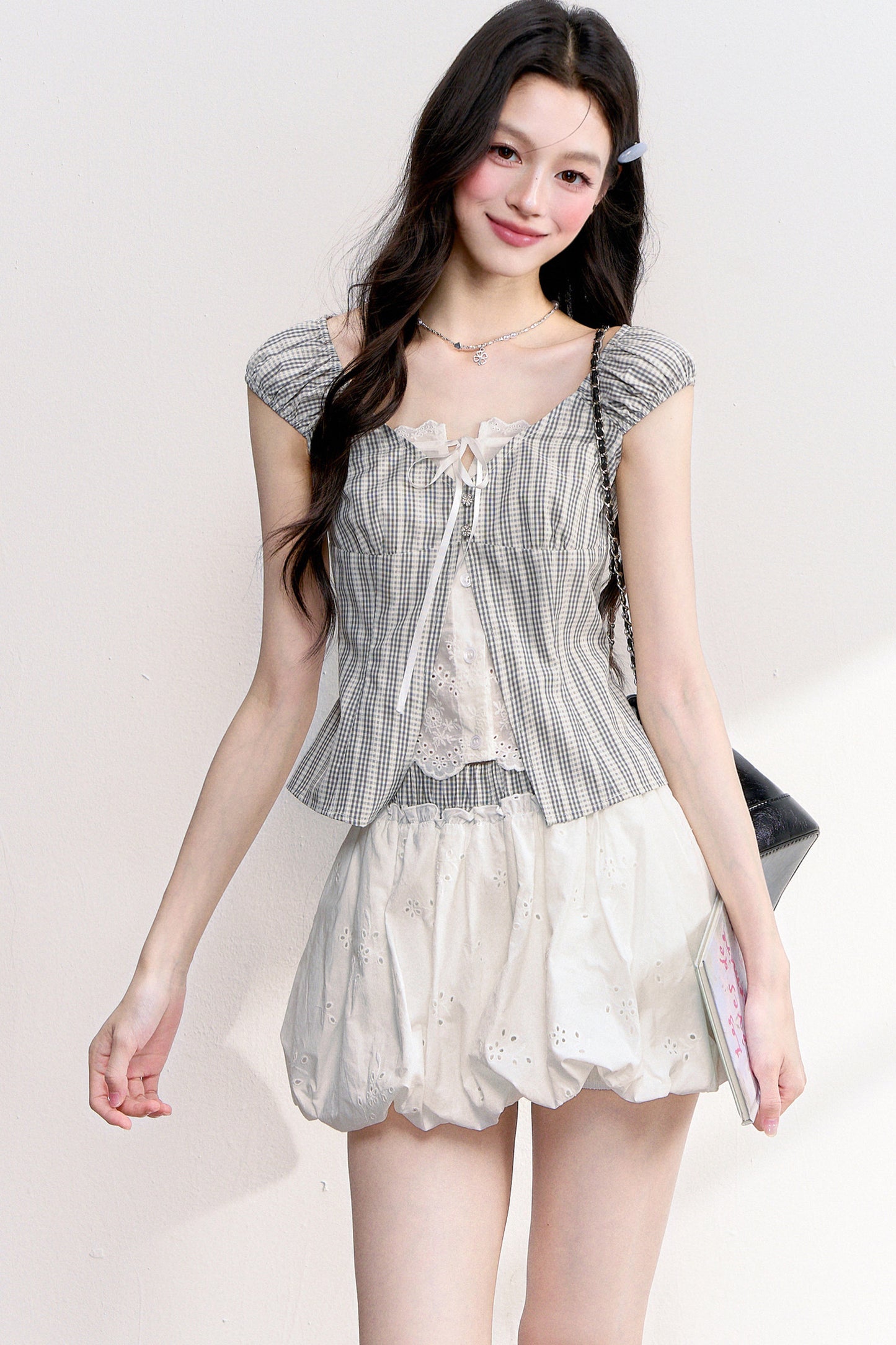 Plaid Lace Spliced Two-Piece Set-Up