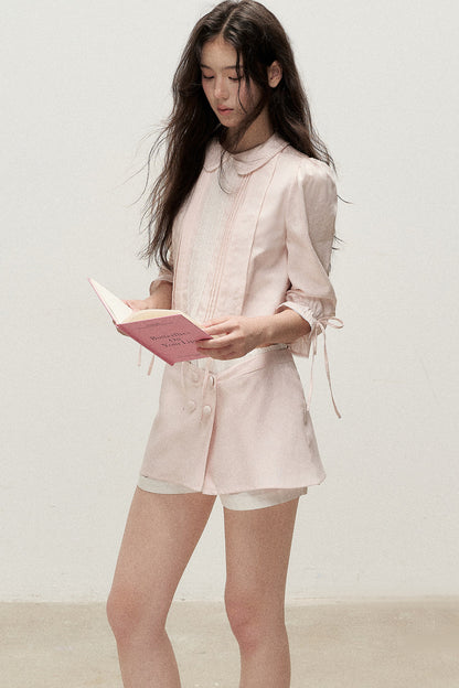 Mist Pink Lyocell Linen Mid-Sleeve Tuck Pleat Shirt Skirt Set-Up