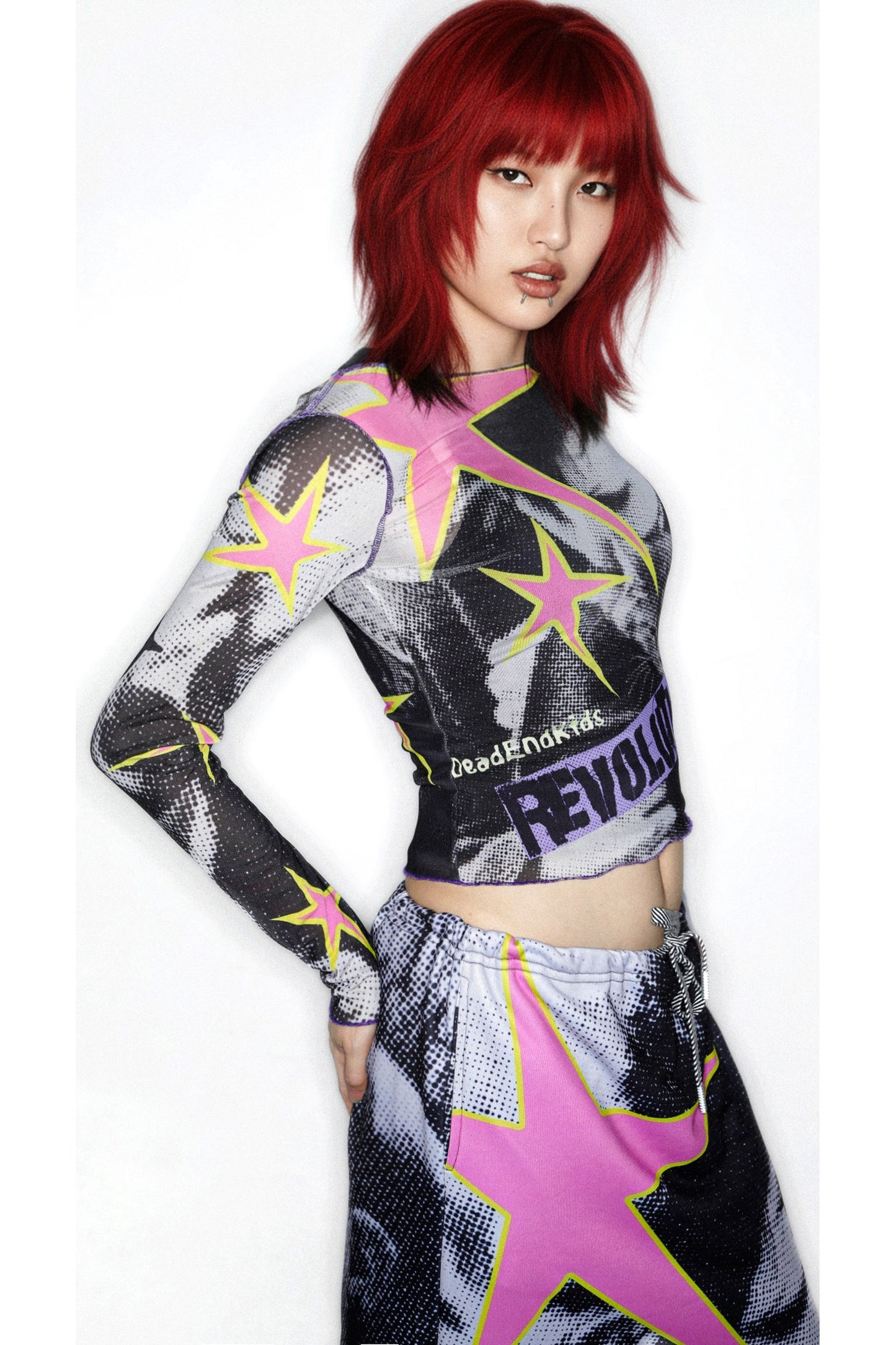 Y2K Graphic Long Sleeve Mesh Top
