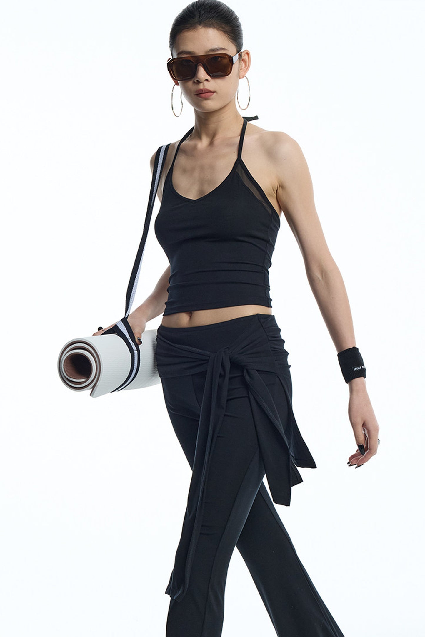 Black Mesh Halter Top And Flared Yoga Pants Set-Up