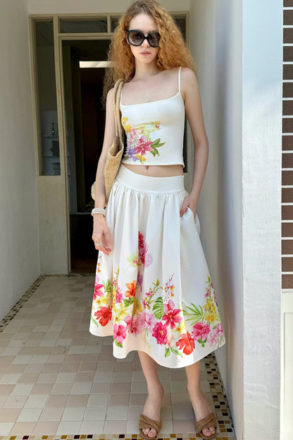 Retro Tencel Printed Camisole Skirt Set-Up