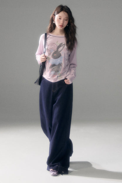 Bunny Print Tencel Long-Sleeved T-Shirt and Pants Set-Up