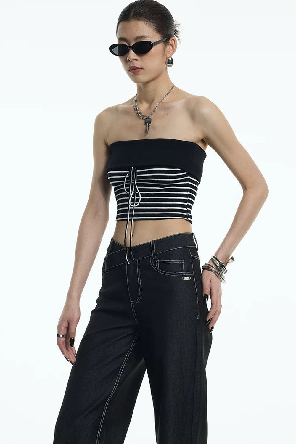 Black White Striped Ribbed Bandeau
